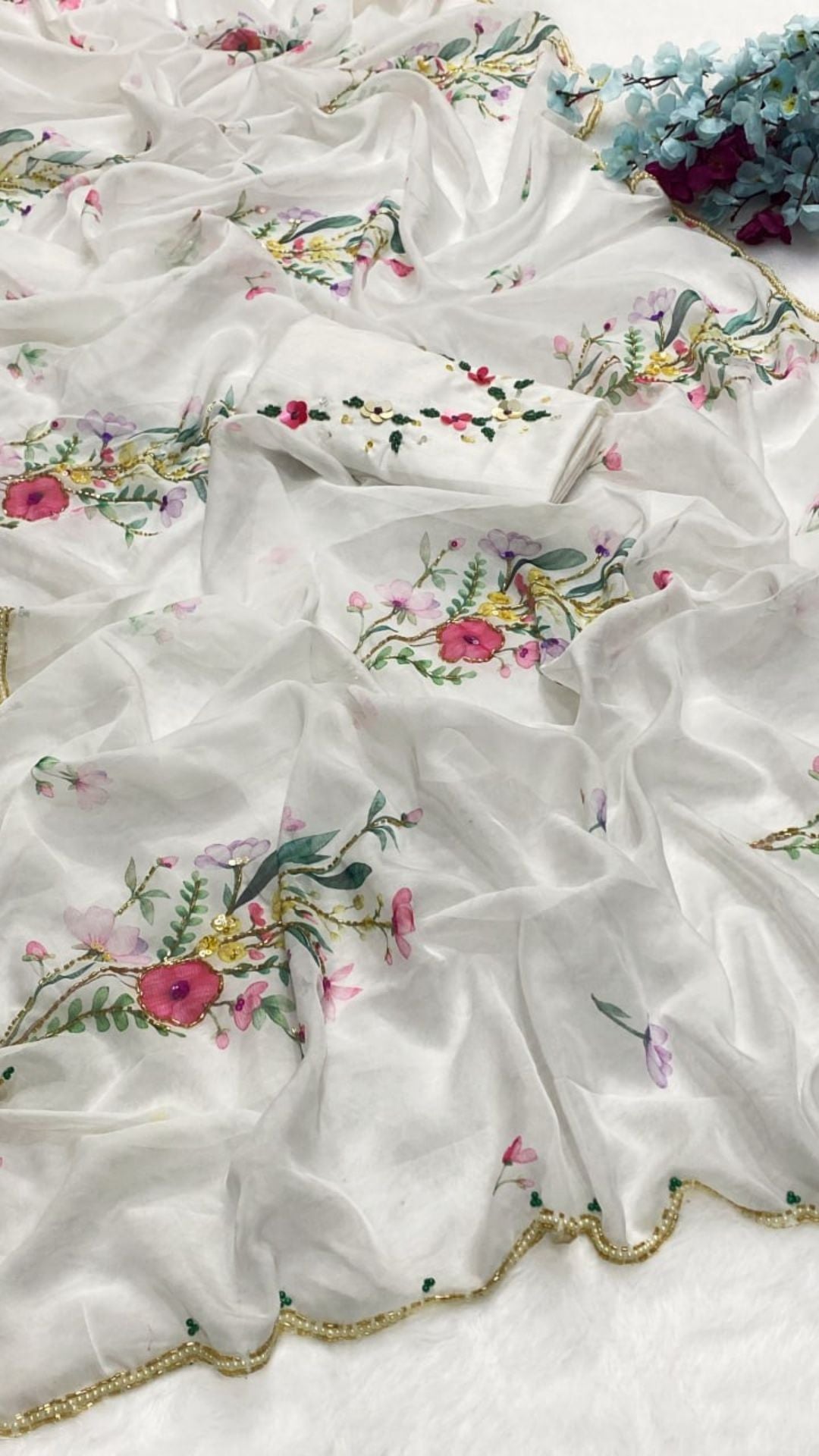Ivory Floral Tabby Silk Saree with Sequins & Katdana Handwork