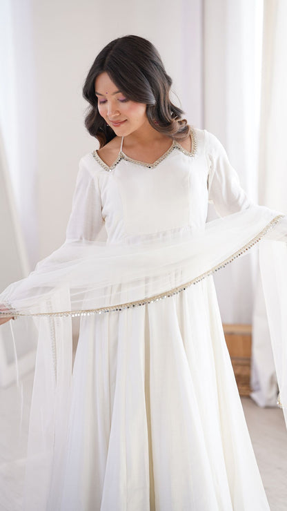 Off White Roman Silk Chanderi Anarkali Suit Set for Women