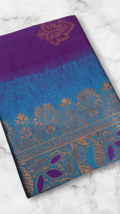 Purple Soft Lichi Silk Saree with Rich Teal Jacquard Pallu & Contrast Blouse