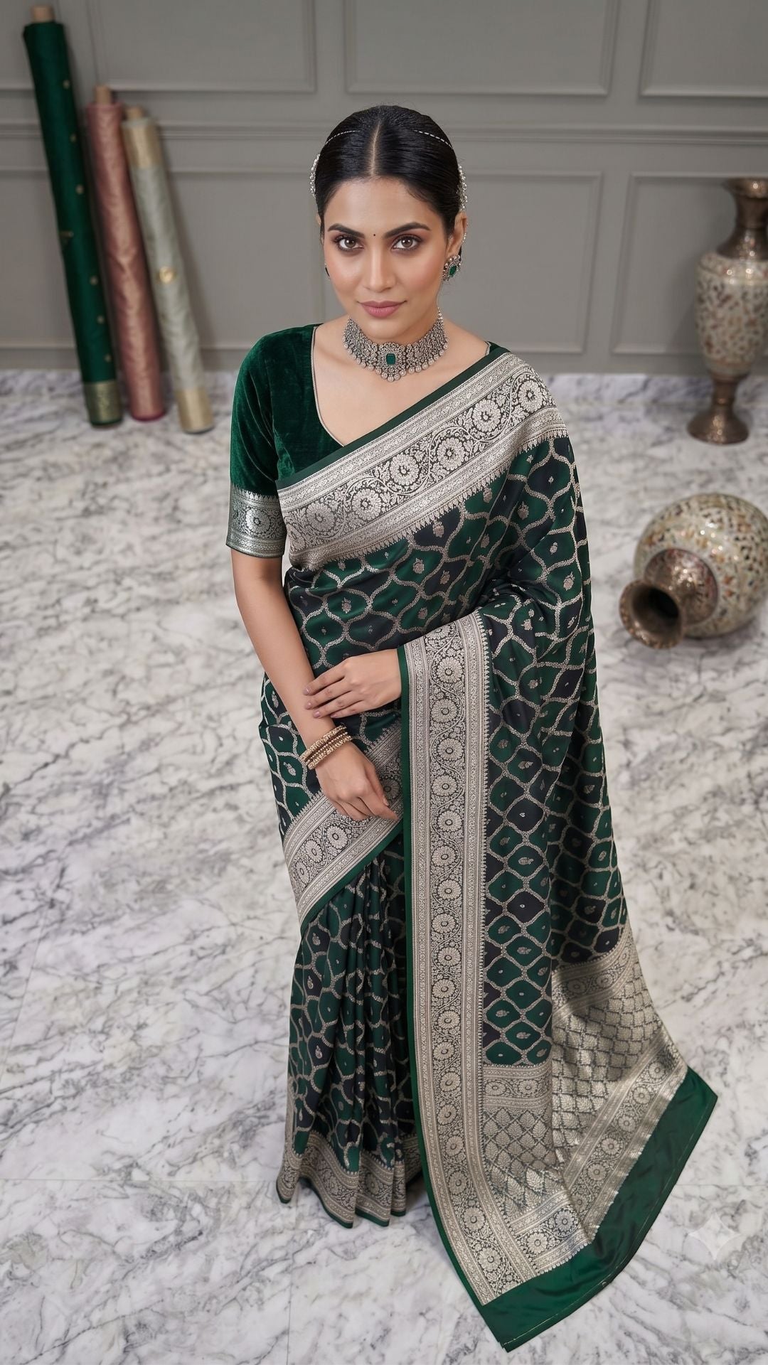 Banarashe Dark Green Mashru Silk Saree with Silver Zari Woven Geometric Motifs, Traditional Border & Designer Pallu