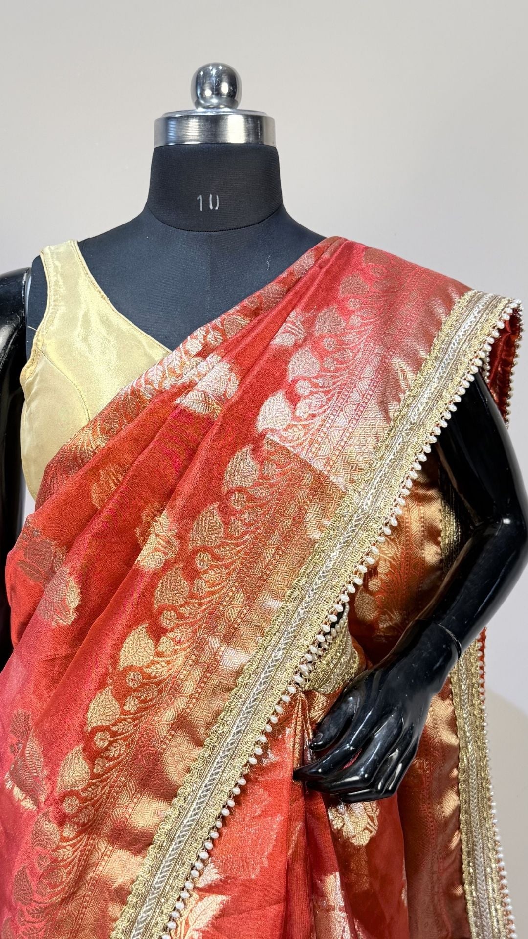 Orange Tissue Saree with Moti Lace Border