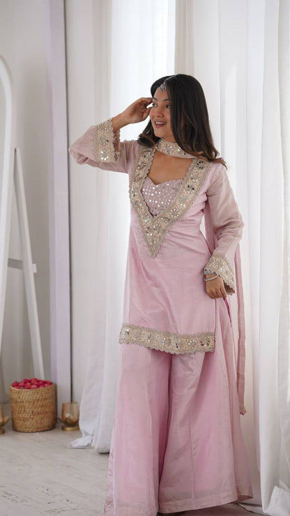 Pink Mirror Work Palazzo Suit Set for Women