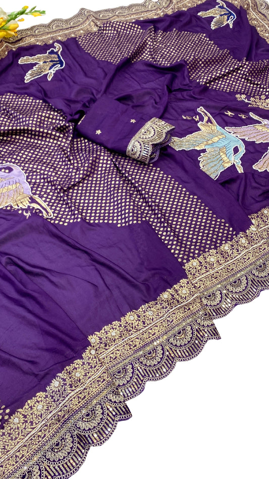 Deep Purple Dola Silk Saree with Handcrafted Crane Motif