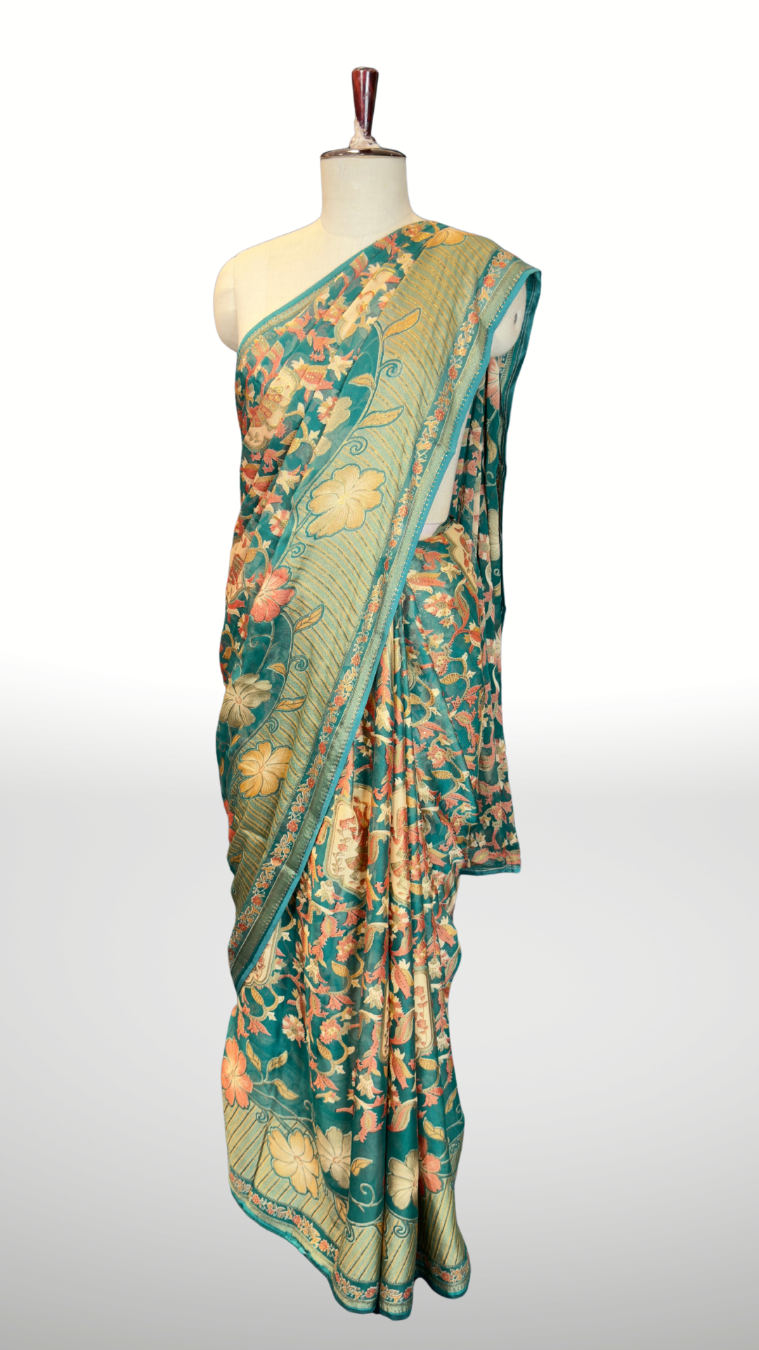 BanaraShe Teal Blue Floral Printed Saree with Traditional Paisley & Floral Motifs
