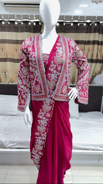 Royal Rani Pink Embroidery Cording Ready-to-Wear Saree with Full Koti
