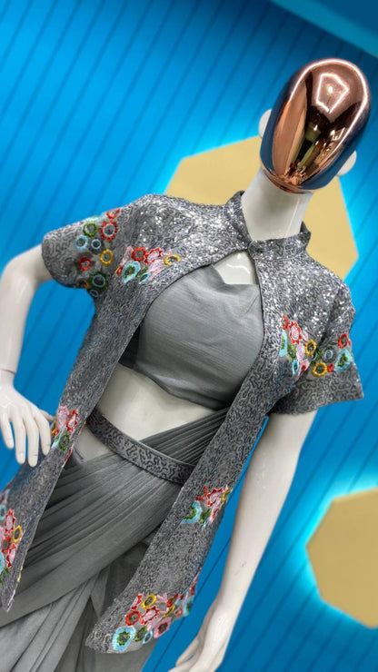 Grey Chinon Ready-to-Wear Saree with Sequin Embroidered Half Sleeve Koti & Belt