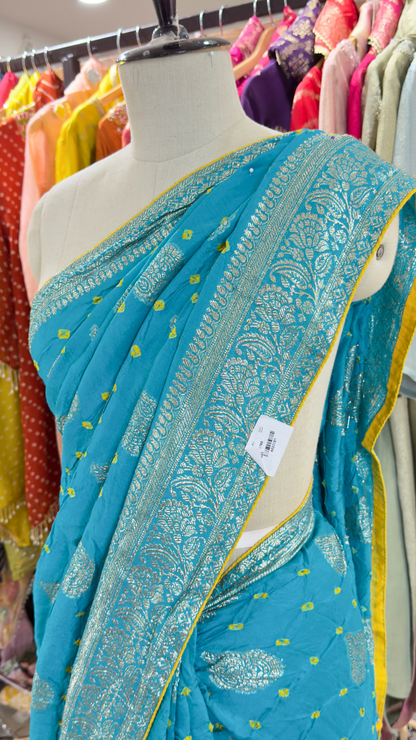 Banarashe Women’s Turquoise Blue Banarasi Saree with Golden Buti Motifs & Rich Woven Border