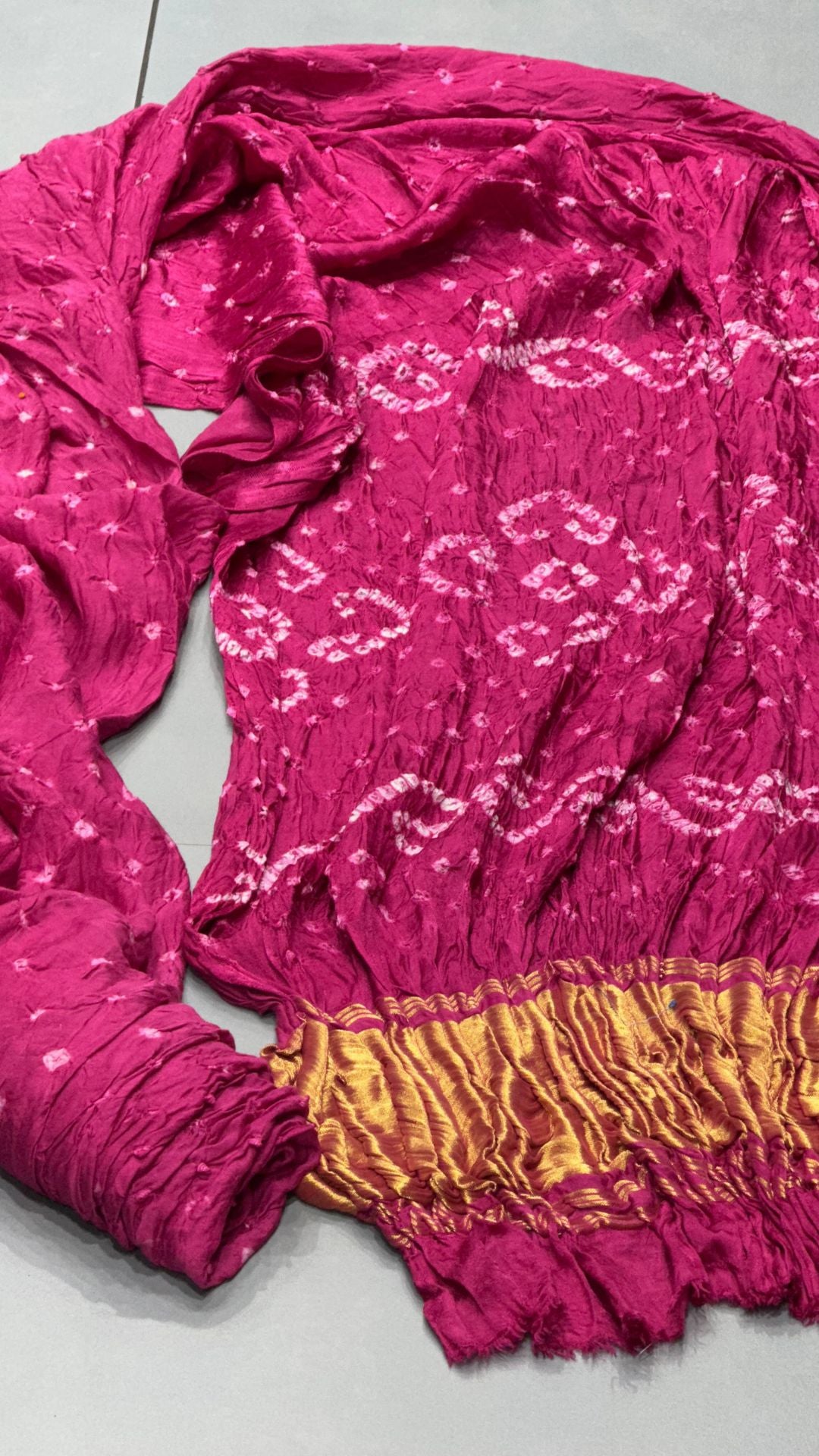 Rani Pink Pure Gaji Silk Hand Bandhani Saree with Original Lagadi Patta