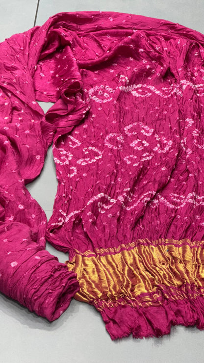 Rani Pink Pure Gaji Silk Hand Bandhani Saree with Original Lagadi Patta