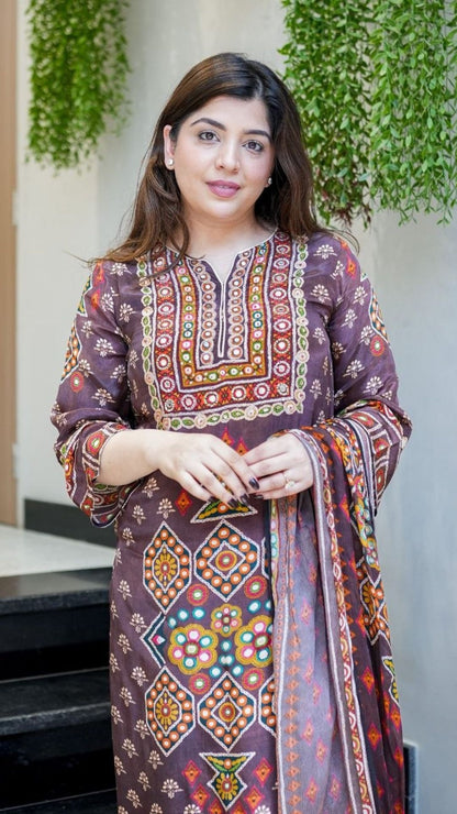 Embroidered Silk Kurta Pant Dupatta Set for Women