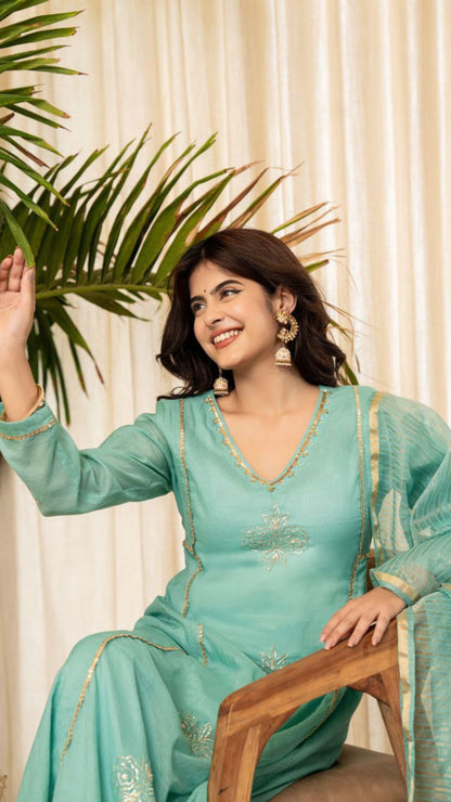 Premium Mul Chanderi Embroidered Suit Set