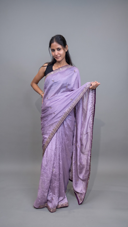 Banarashe Elegant Lavender Tissue Saree with Zari Border