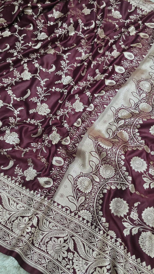 Maroon Banarasi Mashroo Katan Silk Saree with Allover Jaal Work & Rich Border