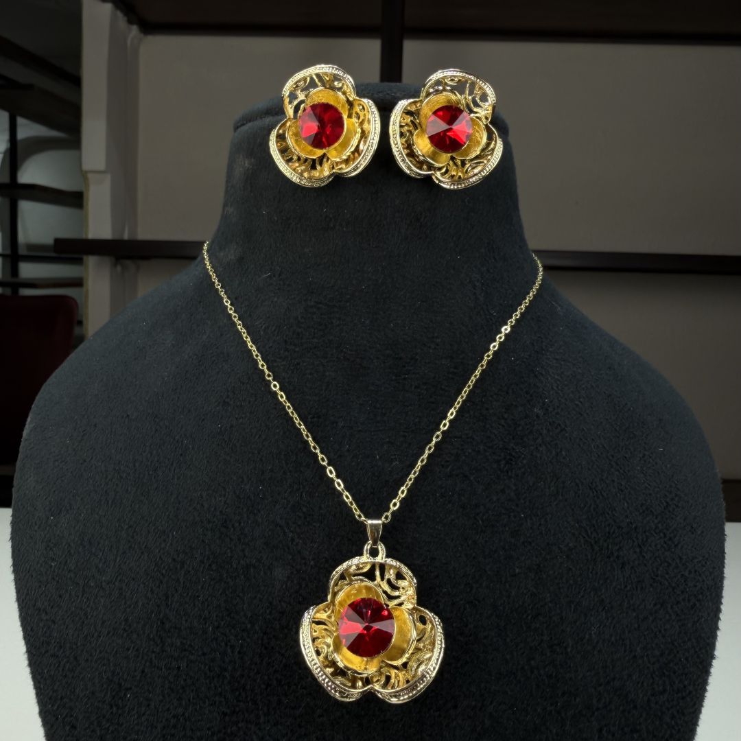 Royal Ruby Red Pendant Set with Earrings