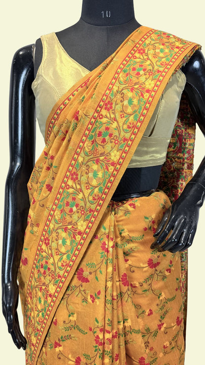 Mustard Banarasi Cotton Saree with Floral Meenakari Weaving