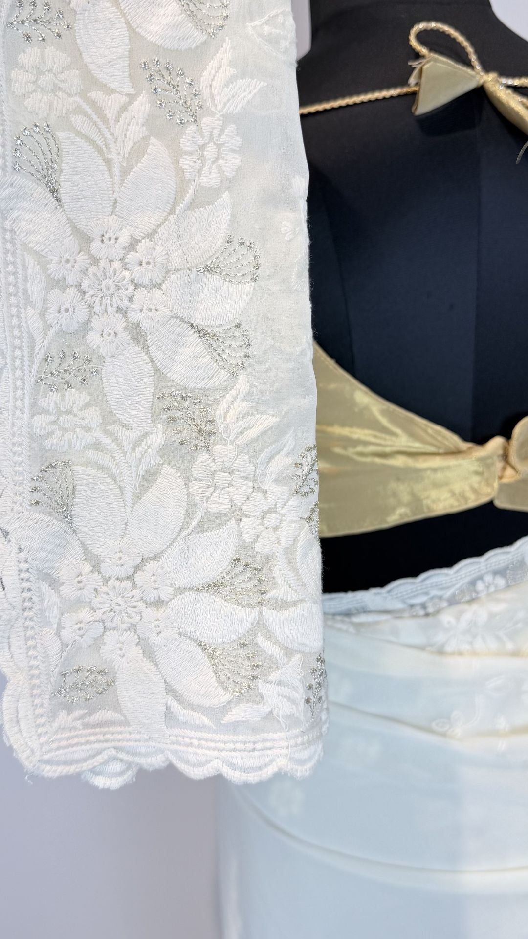 White Semi Chikankari Embroidered Saree with Floral Border Work
