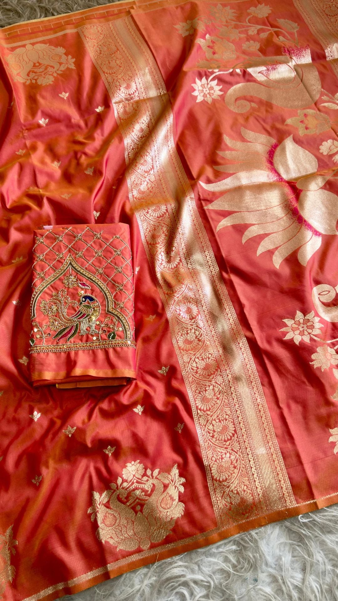 Dual Tone Coral Red Paithani Saree with Rich Zari & Designer Aari Blouse