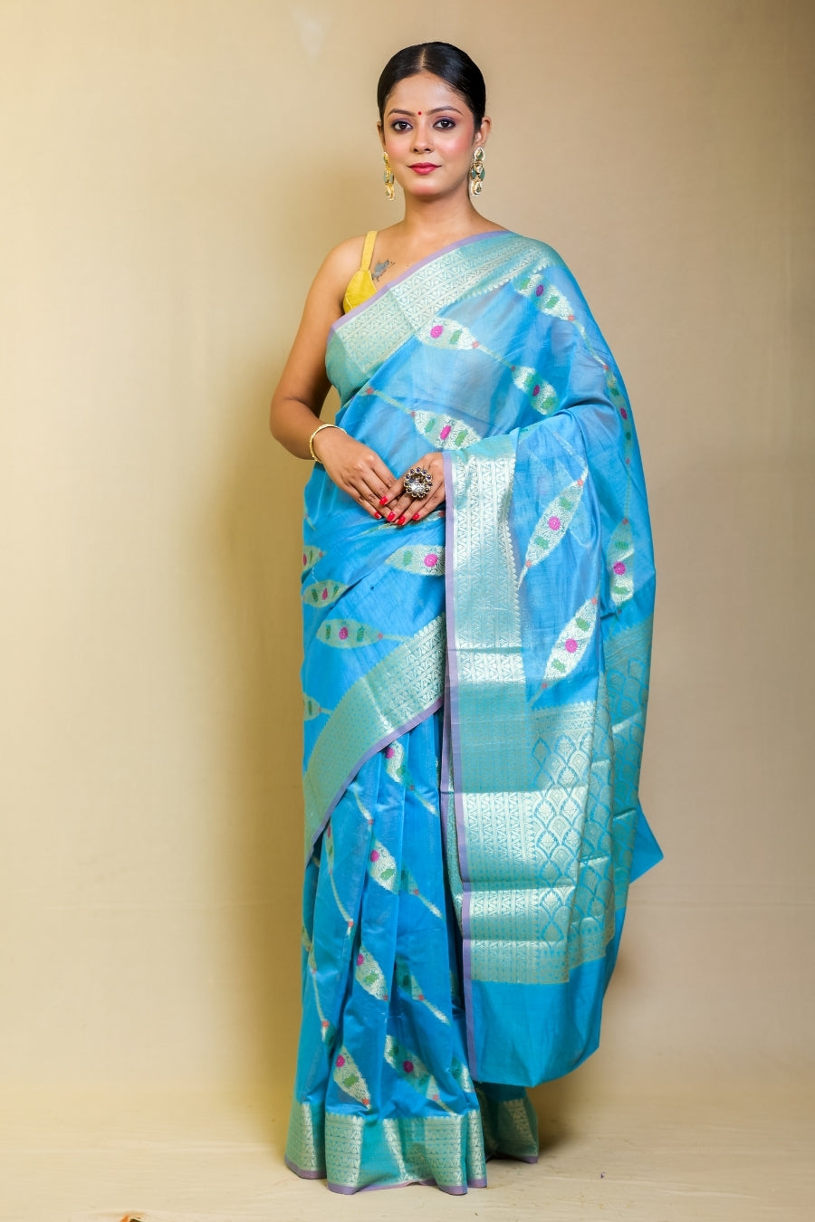 Majestic Aqua Blue Banarashe Pure Mercerised Cotton Silk Saree with Zari Motifs