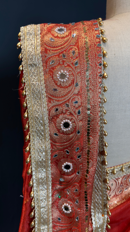 Red Tissue Ghungroo & Mirror Work Saree with Designer Border