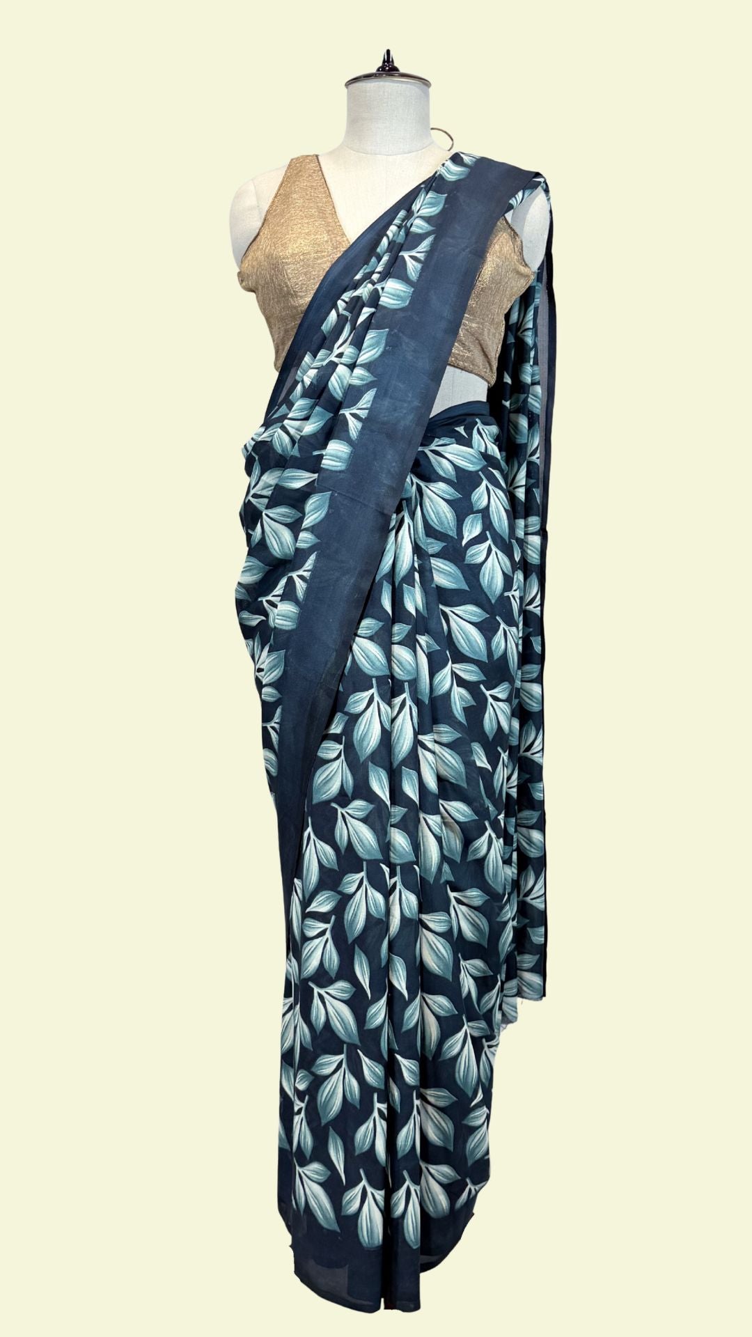 Navy Blue Leaf Printed Synthetic Saree