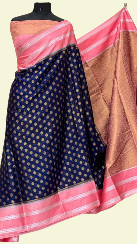 Navy Blue Raw Mango Silk Saree with Zari Booti Work & Peach Pink Designer Border