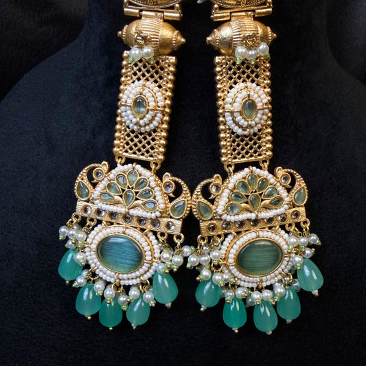 Kashmiri Long Traditional Earrings Sea Green