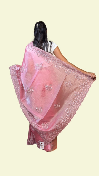 Rose Pink Floral Embroidered Crape Silk Saree