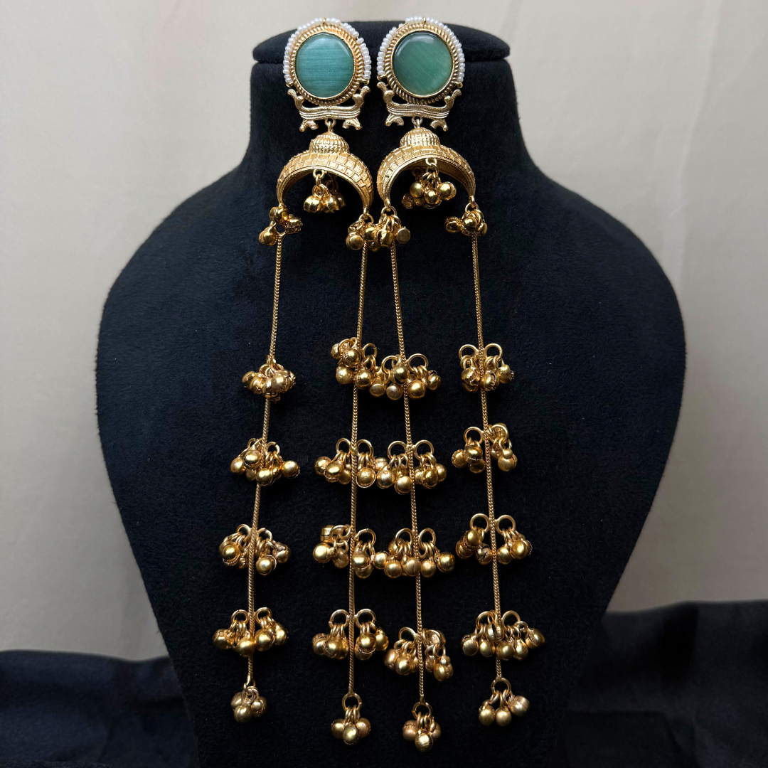 Banarashe Crescent Chain Earrings Sea Green Stone Temple Danglers for Festive Elegance