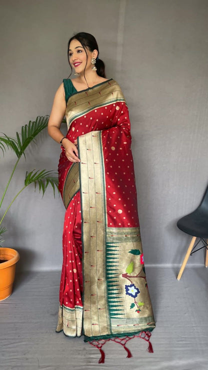 Premium Red Polka Paithani Soft Silk Saree with Rich Woven Pallu & Tassels