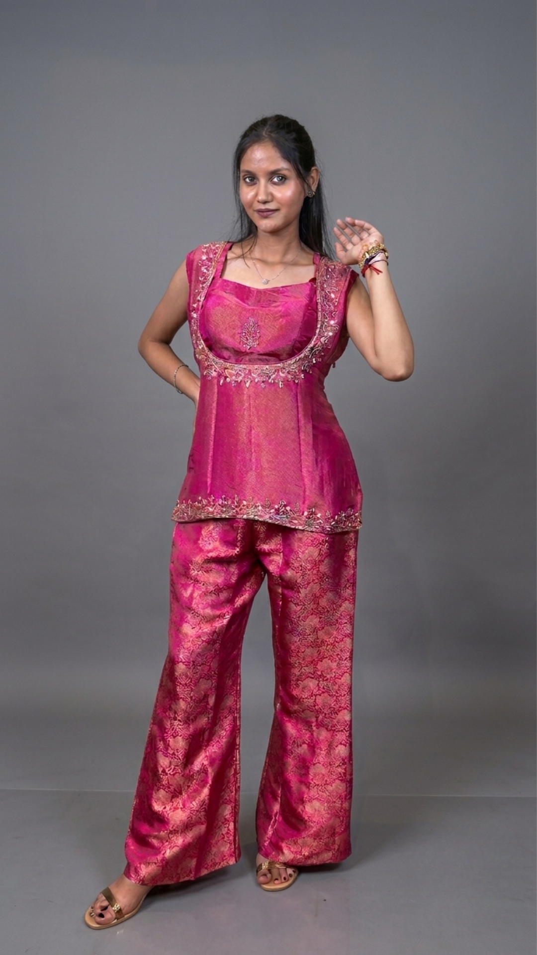BanaraShe Pink Banarasi Brocade Indo-Western Palazzo Set with Corset Top