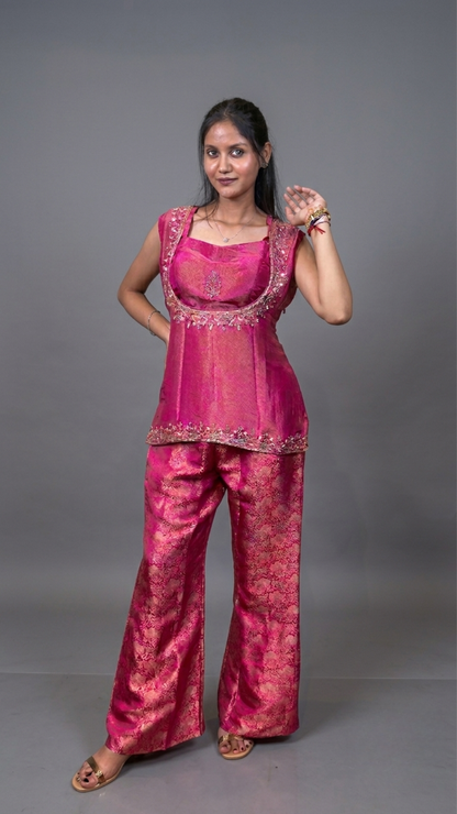 BanaraShe Pink Banarasi Brocade Indo-Western Palazzo Set with Corset Top