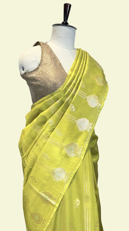 Lime Green Raw Mango Silk Saree