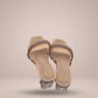 Rose Gold Rhinestone Embellished Clear Block Heel Sandals