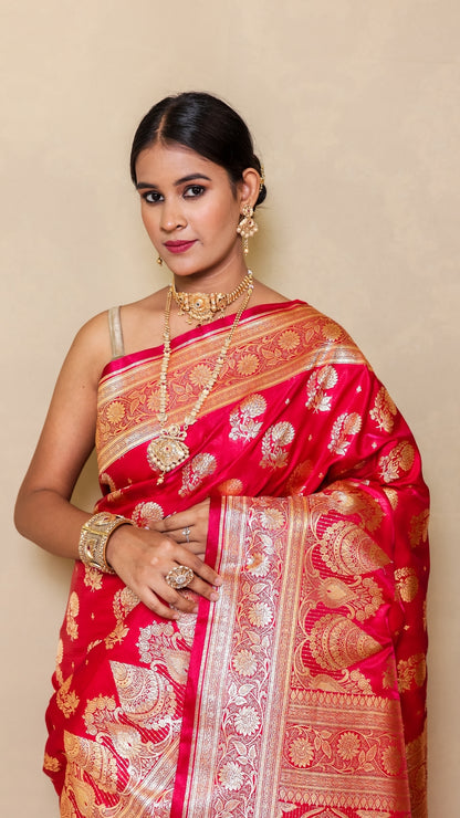 Rani Rasika Red Kanjivaram Silk Saree with Golden Floral Brocade