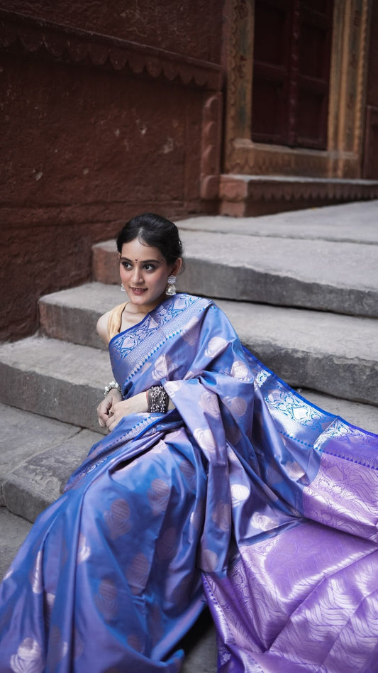 Semi Katan Silk Zari Booti Saree – Periwinkle Blue Glow
