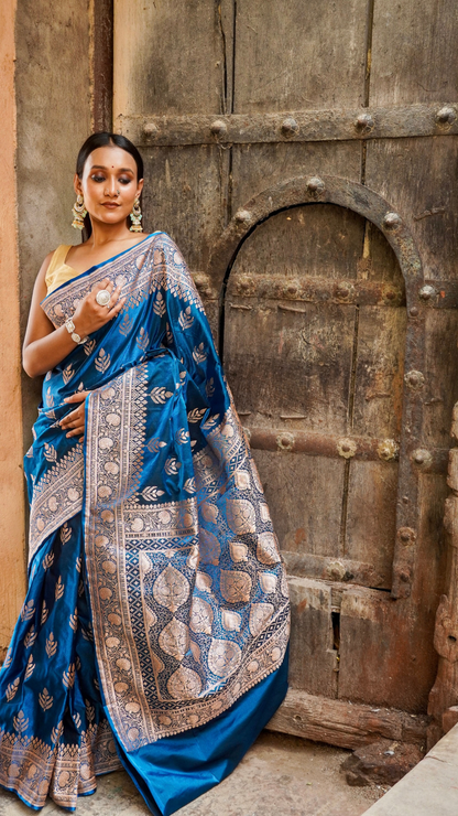 Neel Kamal Royal Blue Banarasi Silk Saree with Silver Zari Buta Work