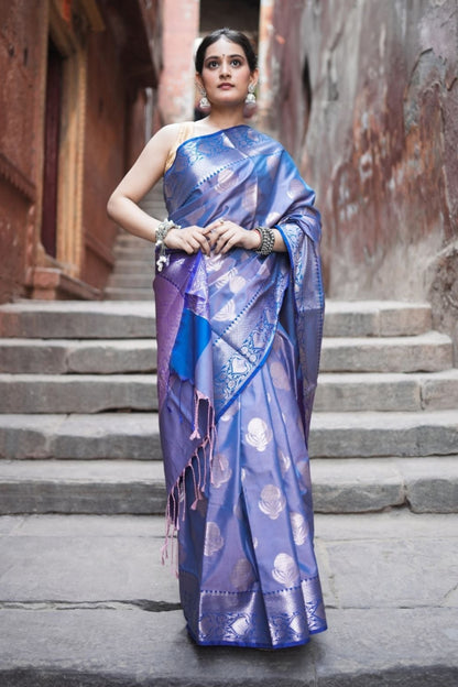 Semi Katan Silk Zari Booti Saree – Periwinkle Blue Glow