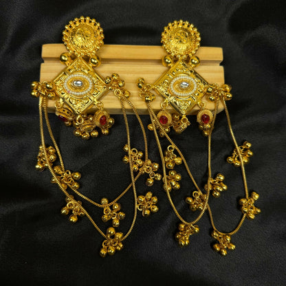 Traditional Gold Tone Chandbali Earrings with Chain Tassels
