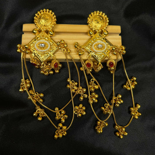 Traditional Gold Tone Chandbali Earrings with Chain Tassels