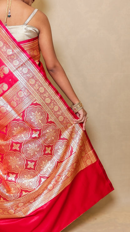 Rani Rasika Red Kanjivaram Silk Saree with Golden Floral Brocade