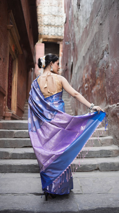 Semi Katan Silk Zari Booti Saree – Periwinkle Blue Glow