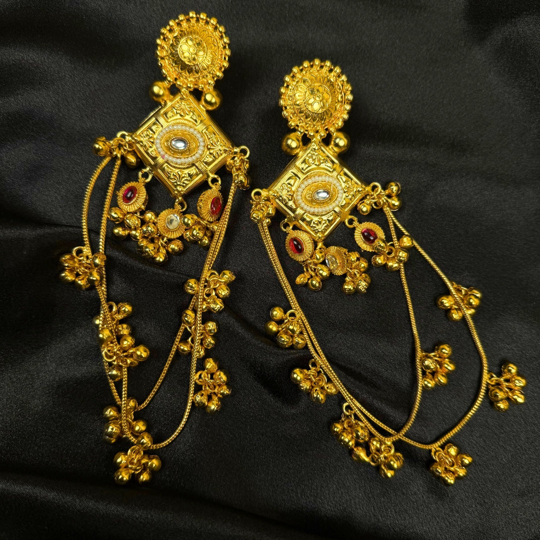 Traditional Gold Tone Chandbali Earrings with Chain Tassels