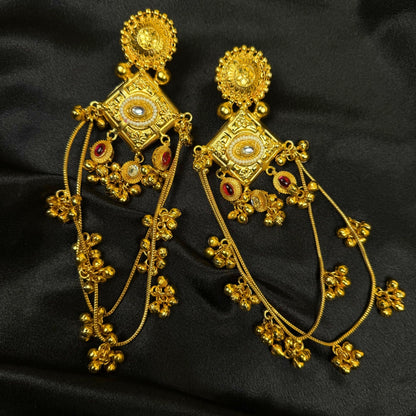 Traditional Gold Tone Chandbali Earrings with Chain Tassels