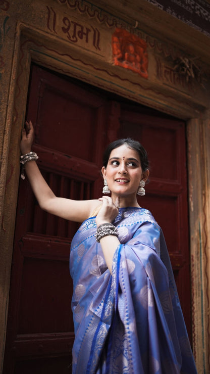 Semi Katan Silk Zari Booti Saree – Periwinkle Blue Glow