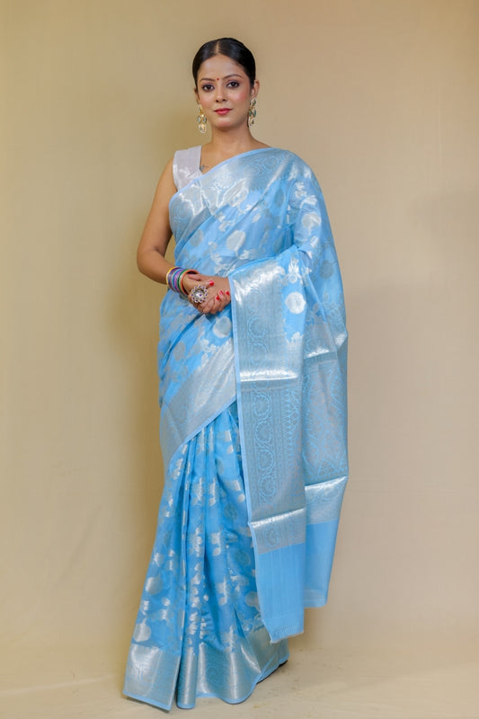 Serene Sky Blue Designer Mercerised Banarasi Kataan Monica Silk Saree