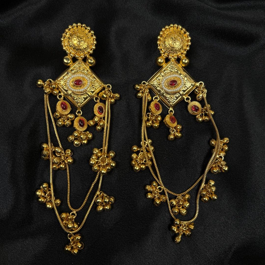 Antique Gold Geometric Drop Earrings with Red Stone & Long Ghungroo Chains - Baranashe - Antique Gold Geometric Drop Earrings with Red Stone & Long Ghungroo Chains