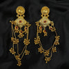 Antique Gold Geometric Drop Earrings with Red Stone & Long Ghungroo Chains