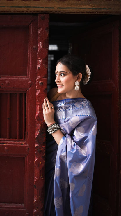 Semi Katan Silk Zari Booti Saree – Periwinkle Blue Glow