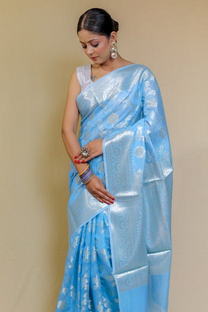 Serene Sky Blue Designer Mercerised Banarasi Kataan Monica Silk Saree