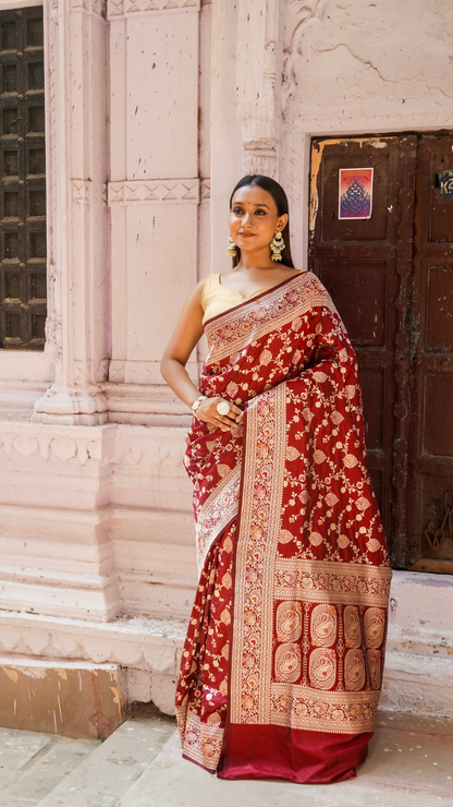 Gulab Mahal Maroon Banarasi Saree with Rose Gold Floral Weave